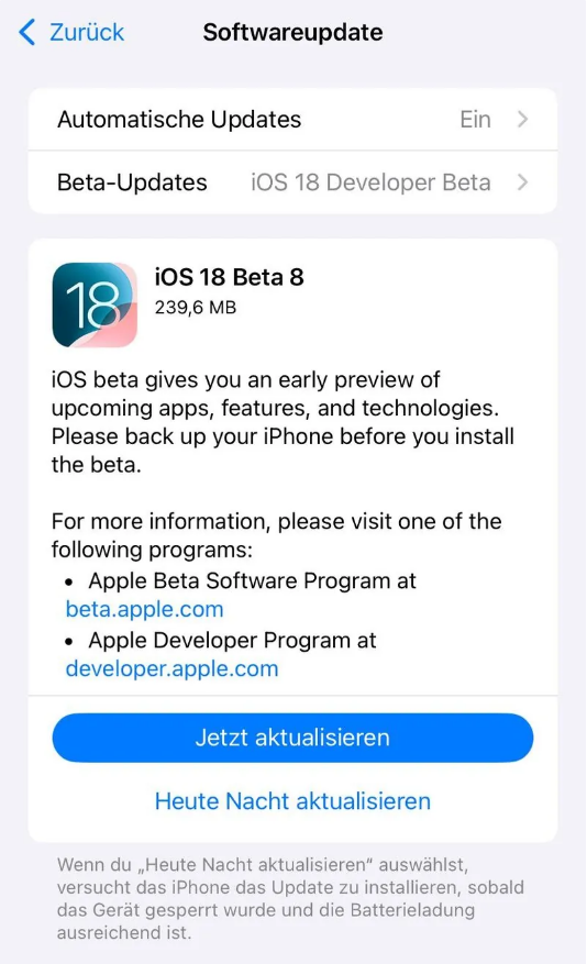 乌坡镇苹果手机维修分享苹果 iOS / iPadOS 18 开发者预览版 Beta 8 发布 